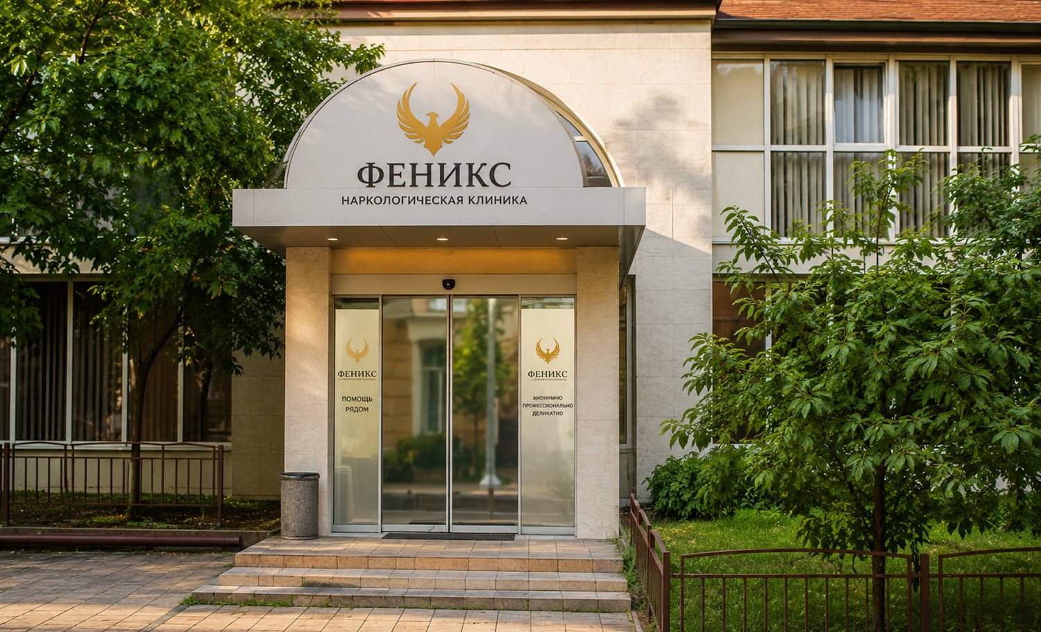 Вход в наркологическую клинику «Феникс» в Мурашах